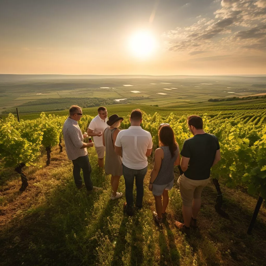 Champagne flutes clinking with vineyards in soft autumn light